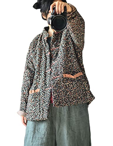 NFYM Womens Lighweight Quilted Lined Jacket Button Down Floral Print Cute Vintage Loose Short Coats with Pockets