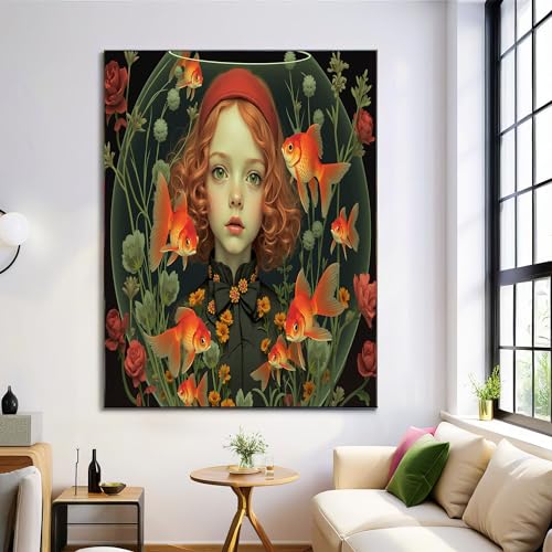 Cuadro en Lienzo Surrealismo 50l x 70an cm para Dormitorios Cuadro Decorativos Retrato De Niña En Pecera Lienzos Decorativo Pared Comedor Decoracion Pasillo Mujer, Verde Oscuro