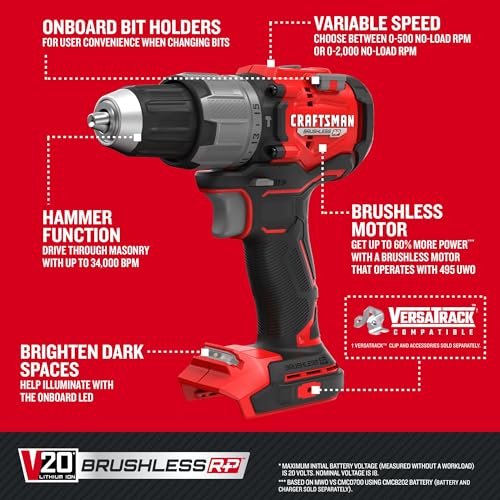 CRAFTSMAN V20 1/2 Inch Cordless Hammer Drill, Bare Tool Only (CMCD726B) - image 8
