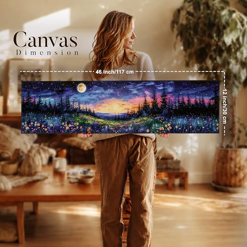 Image of Starry Sky Landscape Stretched Canvas Wall Art Painting for Living Room, Full Moon Mountain Canvas Wall Decor For Livingroom, Bedroom, Office, Hallway's, Hotel 12x46 Inch