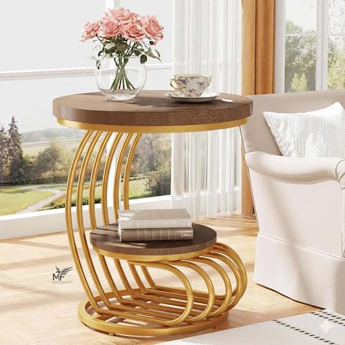 Image of MELVON End Table /Side Table with Walnut Engineered Wood Top & Golden Metal Frame, 2 Tier Storage for Living Room, Bedroom, Bedside & Balcony | Golden & Walnut