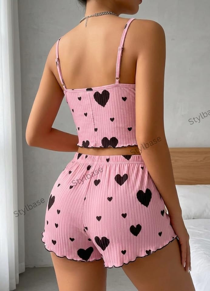 Image of Stylbase Babydoll Stylish Women Pajama Set Lingerie Night Suit Above Knee Soft Floral cami Shorts Pyjama Set with Lace Trim, Ideal for Nightwear or Lounging, Comfy (Upto L)