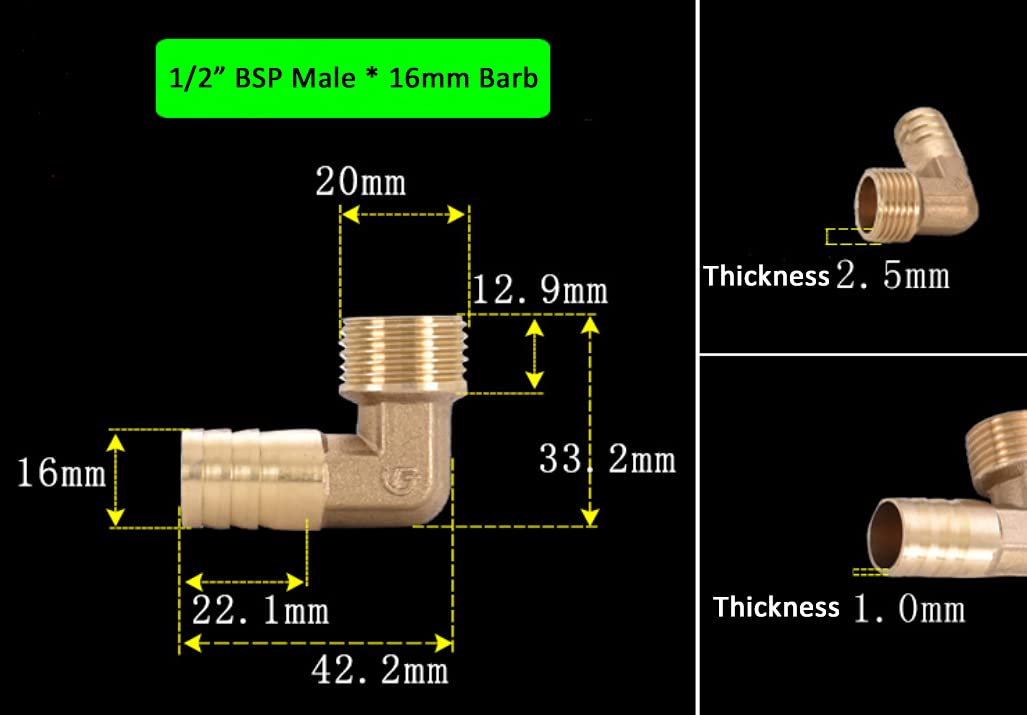 HATOOLHA® Brass Elbow Fitting, 90 Degree Elbow Barb Hose Fitting Adapter, 1/2" BSP NPT Male Thread x Hose Barb 16mm - Image 2