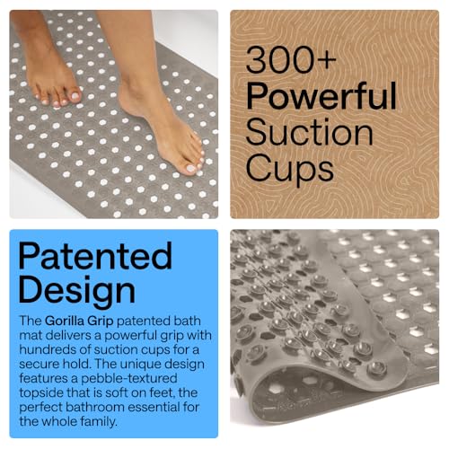 Image of GORILLA GRIP Patented Bath Tub Shower Mat, Machine Washable Bathtub Floor Liner Mats, Suction Cups and Drain Holes to Keep Tubs Clean, Soft on Feet, Bathroom Essentials, 35x16 Inch, Beige
