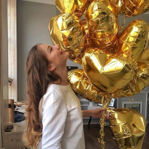 Image of Gold Heart Foil Balloons - 10PCS Heart Shaped Valentines Decorations, 18inch Love Balloons for Helium Wedding, Birthday, Anniversary