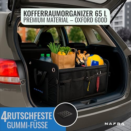 Nafra Home Kofferraumtasche Auto – Aufbewahrungsbox Groß 65L Mit Deckel Und Rutschfester Basis, Feste Struktur – Kofferraum Tasche Schwarz Oxford Gewebe 600D 57x37x32cm