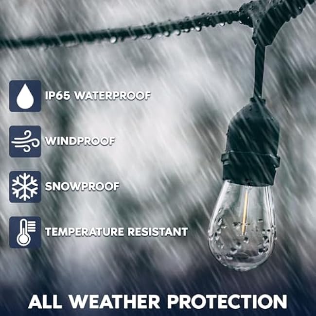 LUXRITE 48FT LED Outdoor String Lights Commercial Grade Waterproof, 24 Edison S14 Shatterproof Bulbs, Hanging Lights for Patio, IP65, Decorative Outside Lights for Backyard Garden Cafe Balcony