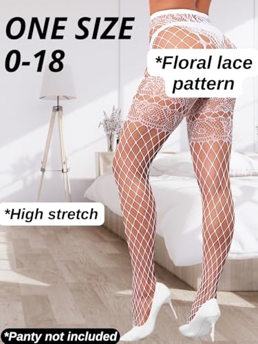 Image of ChiaoLezhee Sexy Wide Fishnet Tights, Floral Lace Garter Stockings For Women, Fishnets Fish Net Fits 0-18