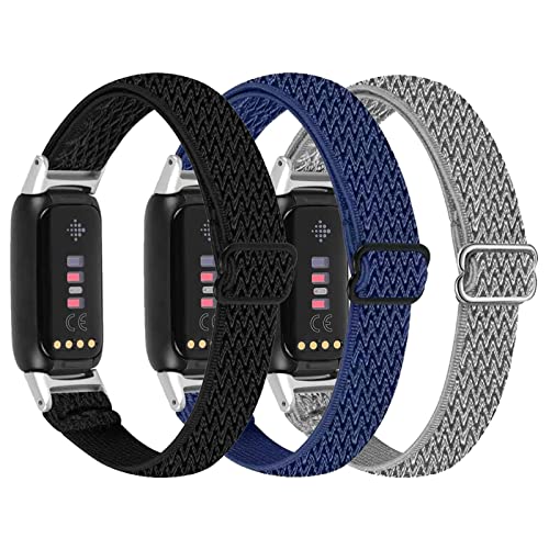 3 Pack Nylon Bands Compatible with Fitbit Luxe, Elastic Watch Band Soft Wristband Replacement for Women, Slim Stretchy Band Bracelet Strap Accessories for Luxe Fitness and Wellness Tracker-Color 02