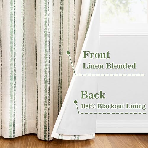 Image of MYSKY HOME Green Striped Curtains 96 Inches Long for Living Room 100% Blackout Linen Farmhouse Green Ticking Stripe Pinstripe Patterned Double Layer Drapes, Grommet, 2 Panels, 52 inch Wide