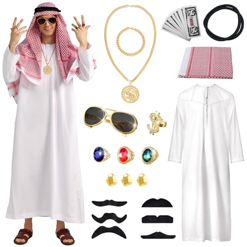 Ulikey Disfarce xeque árabe homem, fato árabe shheikh, árabe costume árabe, conjunto de disfarce xeque, com anel de dedo, colar, óculos de sol, adequado para carnaval, festa, cosplay (M)