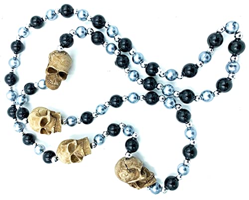 Gasparilla Pirate Skull with Black & Silver Beads Mardi Gras Bead Necklace Spring Break Cajun Carnival Festival New Orleans
