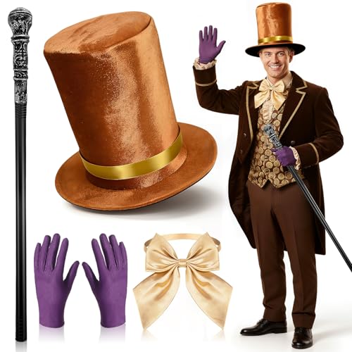 Dazzroi 4Pcs Chocolate Worker Costume Set for Women Men Chocolate Factory Boss Fancy Dress Kit with Brown Top Hat Purple Gloves Bow Tie Cane for World Book Day Halloween Dress up Day