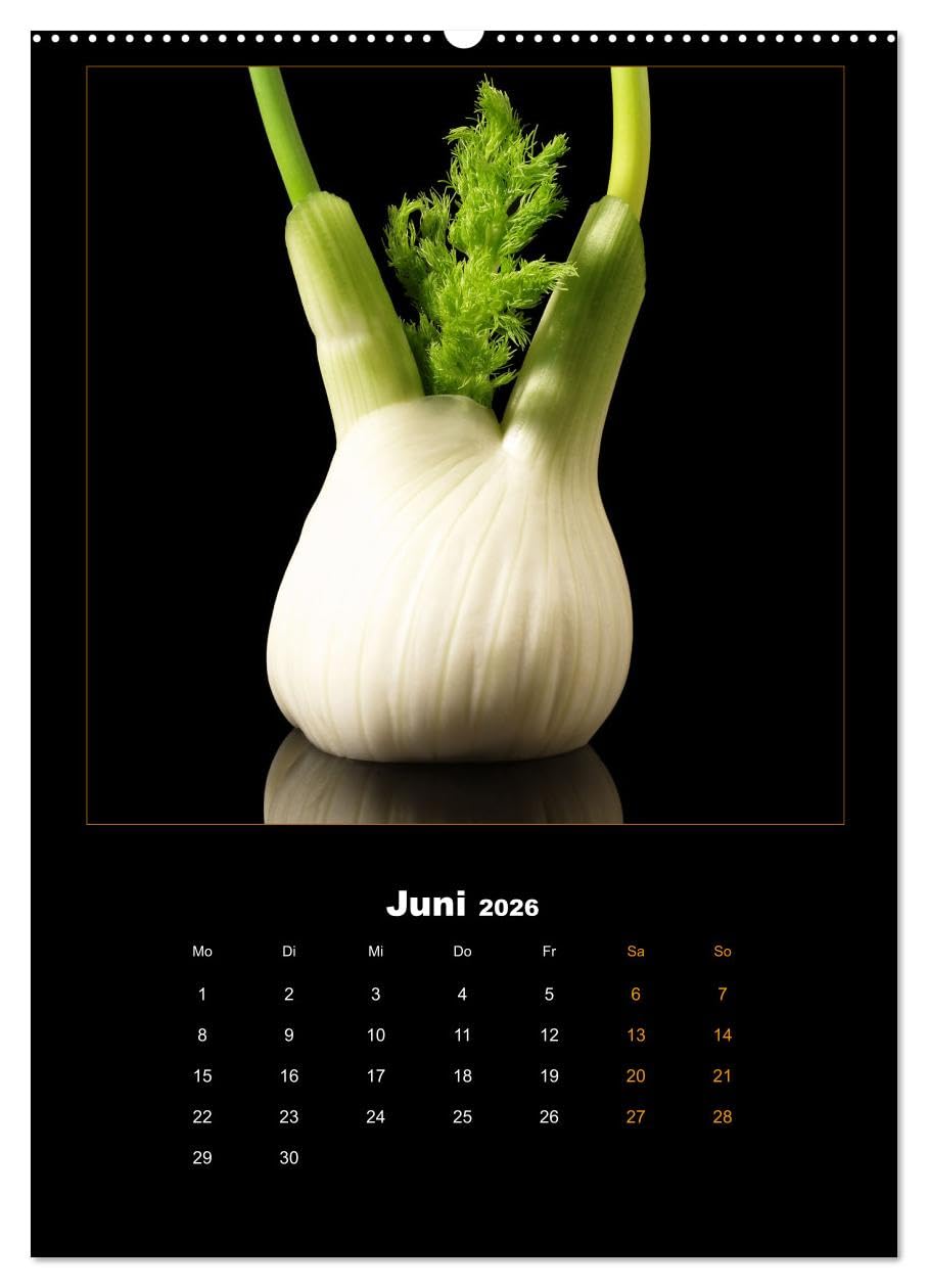 Vegan Food Kalender – Obst und Gemüse auf Schwarz (Wandkalender 2026 DIN A2 hoch), CALVENDO Monatskalender: Dekorativer Kalender für die Küche auf Schwarz. (CALVENDO Lifestyle)