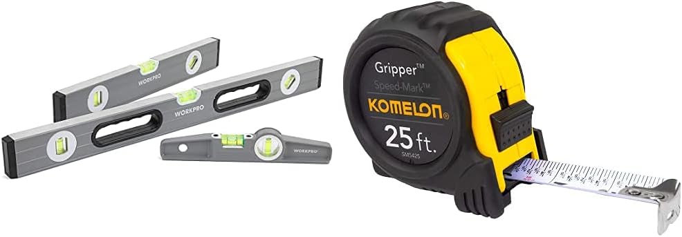 WORKPRO Torpedo Level, 3-Piece Spirit Level Set(9", 16", 24") and Komelon SM5425 Speed Mark Gripper Acrylic Coated Steel Blade Measuring Tape, 1-Inch X 25Ft