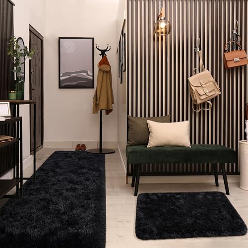 HOMORE Runner Rugs for Bedroom 2x8 Feet Black Rug for Bedroom Bedside Soft Fluffy Area Rugs for Living Room Indoor Entrance Door Mat, Long Runner Rugs and Carpets for Dorm Nursery