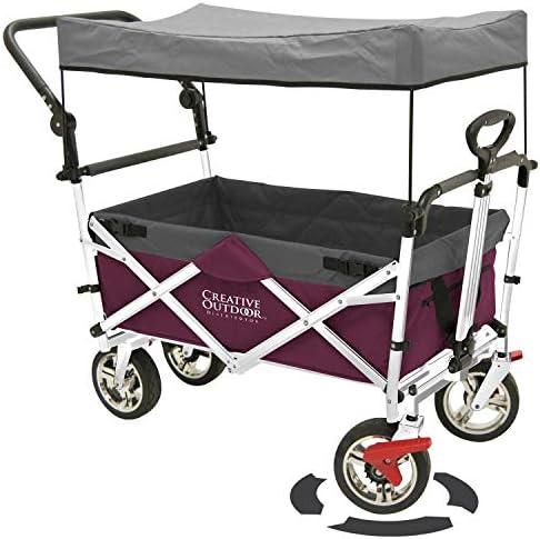 Creative Outdoor Push Pull Folding Wagon for Cargo | Beach Park Garden Sports & Camping | Magenta with Canopy