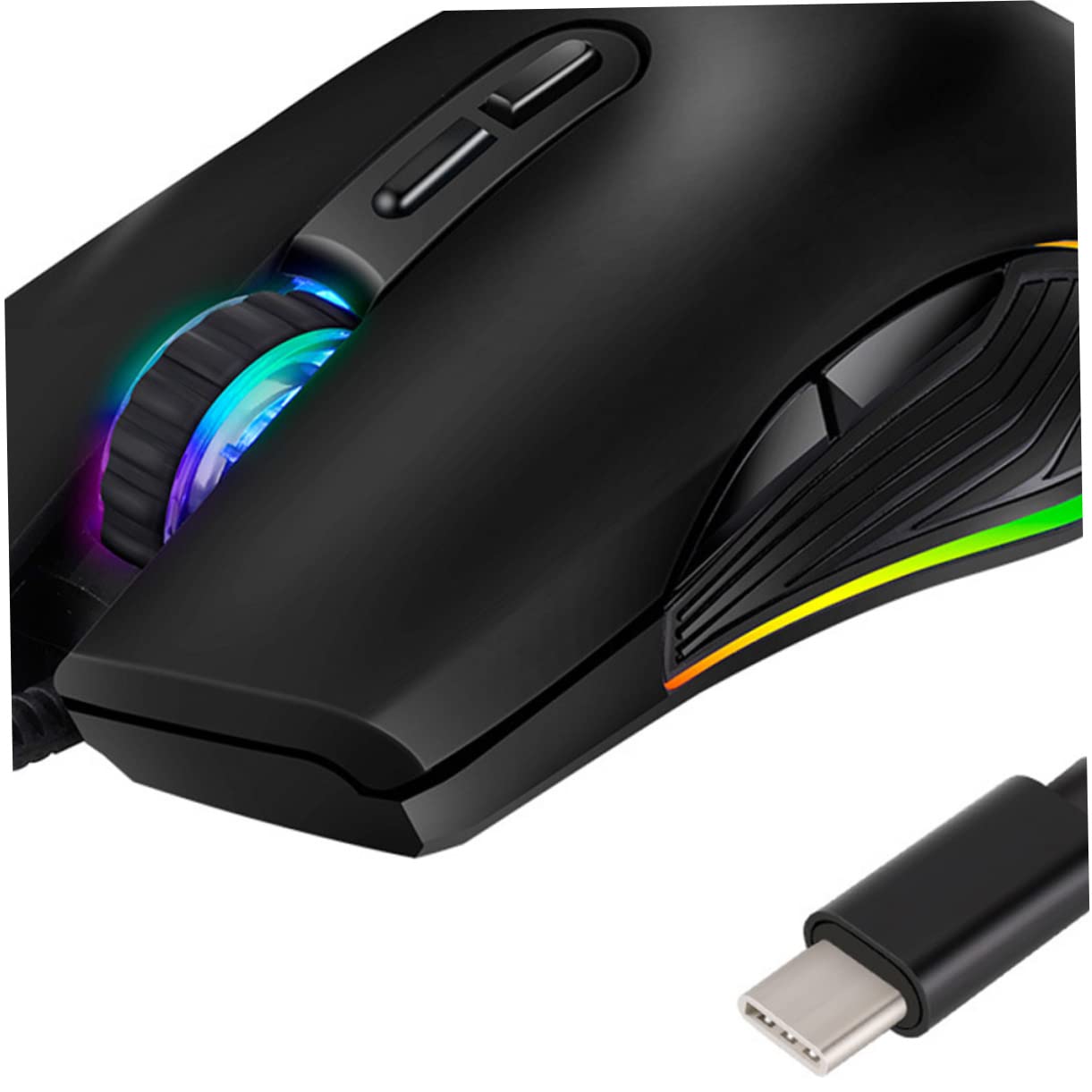 Ratón Gaming USB-c de 7 Teclas Iluminación RGB para PC | Óptico Profesional, Negro Abs Mate, 800/1200/1600/3200 Dpi, Plug Play para Ordenador y Portátil