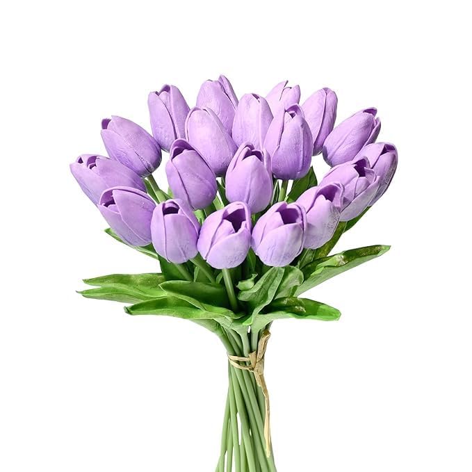 Image of Garden Art Artificial Tulip Flowers (Pack of 5) | Real Touch Silicone Single Stem Tulips for Home Decor, Living Room, Office, Vase & Wedding Decoration GAASTFB-1H-33V (Violet)