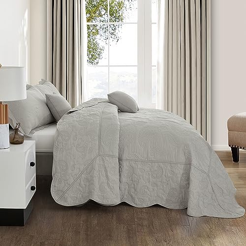 Image of Oversized King Bedspread 128x120 Extra Wide, Stitched Paisley Cotton Quilt Set King /Cal King, Lightweight Reversible Coverlet, Scalloped Edge - Modern Classic Look, 5 Piece, Grey