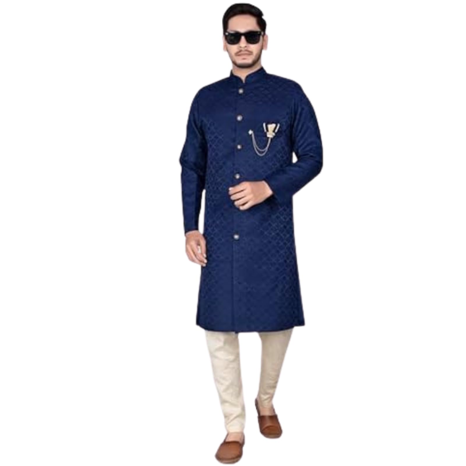 amzira Men's Indo Western Sherwani Set with Traditional Heavy Jacquard Mandarin Collar Long Sleeve and Solid Cotton Elastic Waistband Closure Pjyama-picture-21