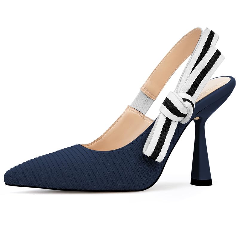 Image of HOCHFART Women's Slingback Kitten Heels Closed Pointed Toe Slip On Pumps | Bowknot, Elastic Slingback Strap, Office, Wedding, Bridal, Formal, Events, Church, Gathering, Casual Outing