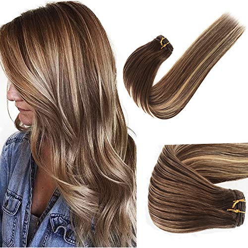 Ombre Balayage Sew in Human Hair Extensions Real Remy Hair Weft Natural Seamless Brazilian Hair Weave Bundles Double Weft Full Head Medium Brown with Honey Blonde Highlights Silky Straight 120G 22"