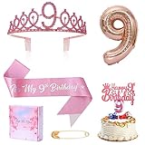 9th Birthday Decoration for Girl - Sash, Rhinestone Crown, Cake Topper, Foil Balloon - Party Supplies (Rose)