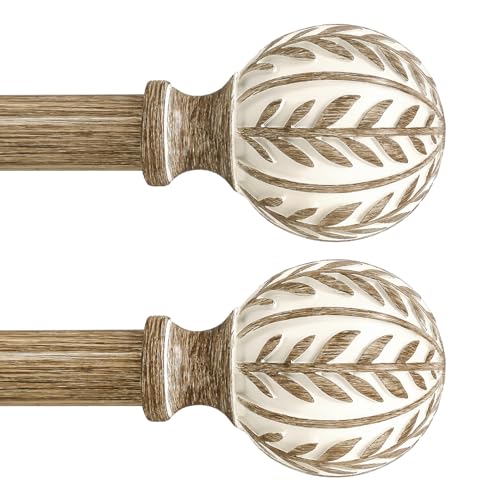 QDWIS 2 Pack Boho Wood Curtain Rods for Windows 28 to 48 inch 1 Adjustable Heavy Duty Window Curtain Rod with Imitation Wood Grain Finials Rustic Decorative Drapery Rods Set 18-60 Weathered Wood
