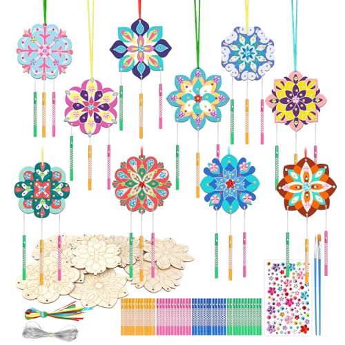 SRIZIAN 10 Stück Windspiel Bastelset Kinder, Holz Basteln Windspiele für Kinder Mädchen Junge Geburtstagsfeier Dekoration DIY Kinderspielzeug- Mandala