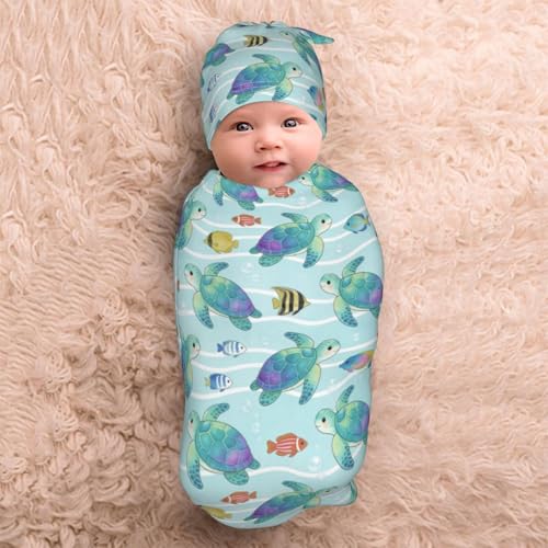 Image of Turtle Swaddling Blanket for Baby, Unisex Beach Baby Stuff with Hat