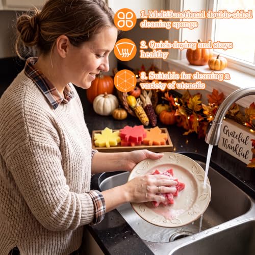 Image of Tioncy 12 Pack Maple Leaves Kitchen Sponges Bulk Dual Sided Scrubber Fall Maple Leaves Sponges Reuseble Non Scratch Dishwashing Kitchen Cleaning Accessories for Pot Boiler Pan Household