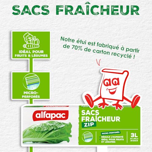 Alfapac SF 1 Frischhaltebeutel, 15 Stück je Packung, 3 Packungen, mikroperforiert, 27 x 28 cm, wiederverwendbar, Reißverschluss, Durchsichtig, Polyethylen (PE), rechteckig