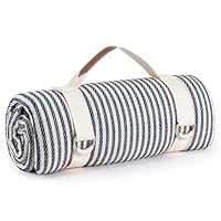 JF HOME BLISS Waterproof Picnic Blanket with Carry Strap Extra Large Sandproof Outdoor Mat for Beach Camping Park Portable Foldable Picnic Rug 145x196cm (Blue Thin Stripes)