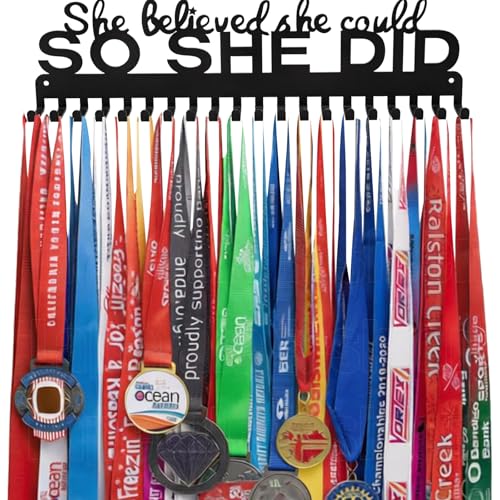Lapetale Fashion Metal Medal Hanger Display for 63 Medals – She Believed She Could So She Did (16' Wide with 20 Hooks) - Black- Awesome Gifts-Patent NO.983560S