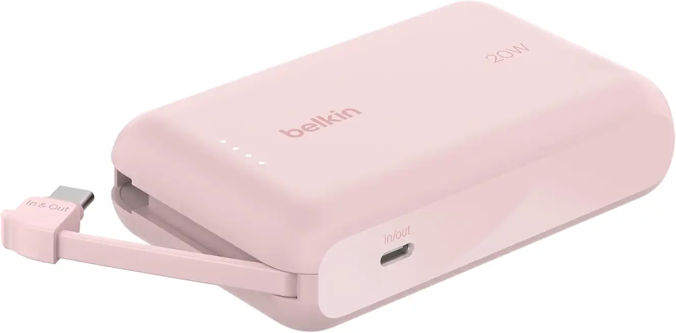 Belkin BoostCharge Power Bank, Portable Powerbank 10000mAh mit integriertem Kabel, PD 20 W – USB-C Power Delivery zum Schnellladen von Geräten wie der iPhone 16-Serie, iPad Pro und Galaxy S24
