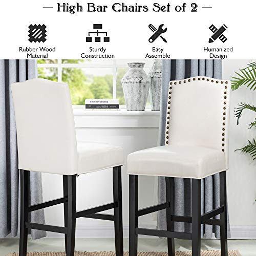 Glitzhome Bar Stools Set Of 2, 45" H White Bonded Leather Armless Barchair With High-Back Studded Solid Rubberwood Legs For Kitchen Island Breakfast Chair For Dining Room, Party Room & Restaurant #TOP7