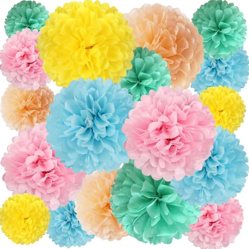 Image of 20 PCS Tissue Paper Pom Poms, Tissue Pom Poms Flowers, Sizes of 6 inch, 10 inch, 12 inch, 14 inch Hanging Paper Flower Ball for Wedding, Birthday, Easter, Graduation Party Decor (Light Colorful)