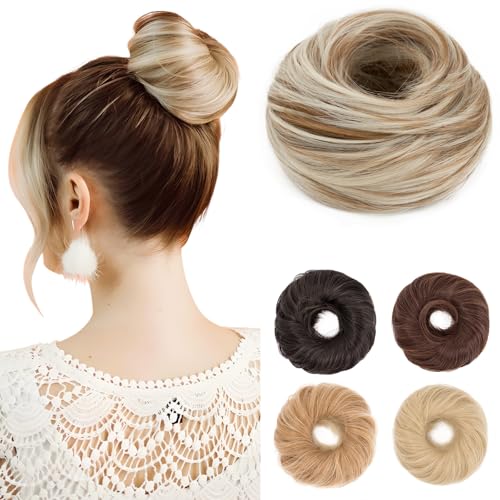 Benehair Moño Postizos Moños Postizos Sintético Postizos de Pelo Natural Sintético Corta Cola de Caballo Moño Extensiones para Mujeres(Rubio arena con mechas decoloradas, 55g)