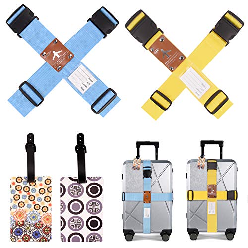 4 Stück Gepäckriemen für Koffer und 2 Gepäckanhänger, Sicherheitsgurte, Gepäckgurte, CrossTraval-Koffergurte, verstellbare Packgurte mit Schnalle für Familienreise/Business-Trip. Style A 16"- 32"