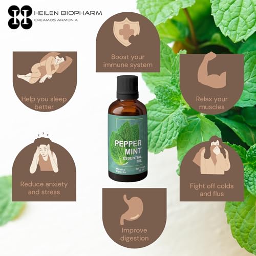 Image of Heilen Biopharm Food Grade Edible Peppermint Essential Oil - 50 mL Bottle Pack of 1, For Skin & Hair Care, Insect Repellent, Aromatheraphy (Mentha Piperita)