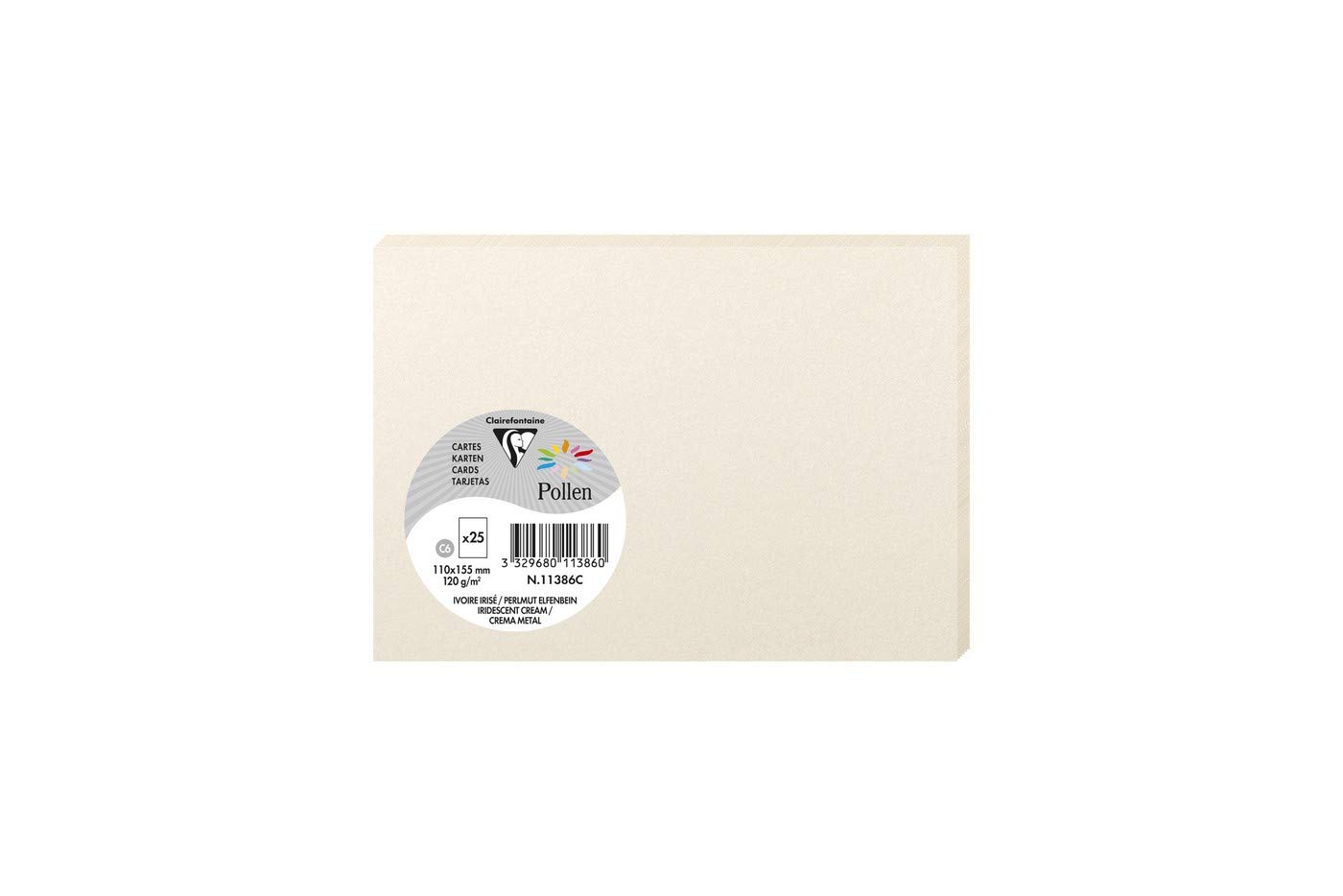 Clairefontaine 11386C Iridescent Cream Paper Pack of 25 Plain Cards C6 11x15,5cm 210gsm Invitation Correspondence Cards Pollen Range Premium Smooth Paper
