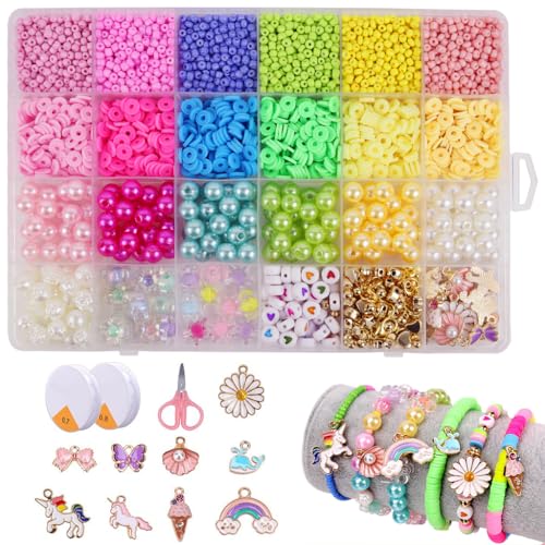 Image of SANNIDHI Seed Beads Clay Beads for Bracelet Making, Colorful Pearls Beads for Jewellery Making, DIY Polymer Beads Set Kit Girls Craft Beads for Kids Activity with Charms, Scissors & 2 Crystal Lines