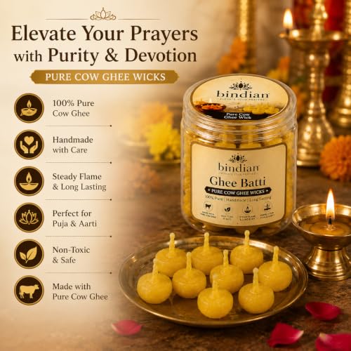 Image of Bindian Pure Cow Ghee Batti for Puja Pack of 100 | Ready to Use Handmade Cotton Ghee Wicks | Long Burning Diya Batti for Daily Puja, Aarti, Mandir, Temple, Diwali & Festivals | 100% Pure Cow Ghee, Smokeless & Non-Toxic, Steady Flame, Cotton Wick, For Puja & Aarti