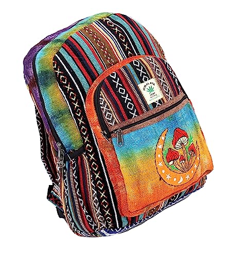 Unique Moon & Mushroom Embroidered Hemp Hippie Handmade Backpack Festival Backpack FAIR TRADE Handmade with Love. (LARGE)