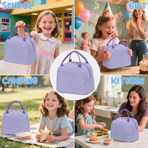 Image of CAMTOP Lunch Box Kids Insulated Lunch Bag Large Reusable Leakproof Cooler Lunch Bags for Boys Girls School Travel Picnic (Purple and White Checkered)