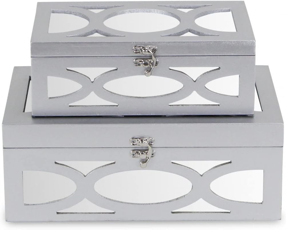 HomeRoots Set of Two Silver Mirrored Glass And Wood Box With Lid