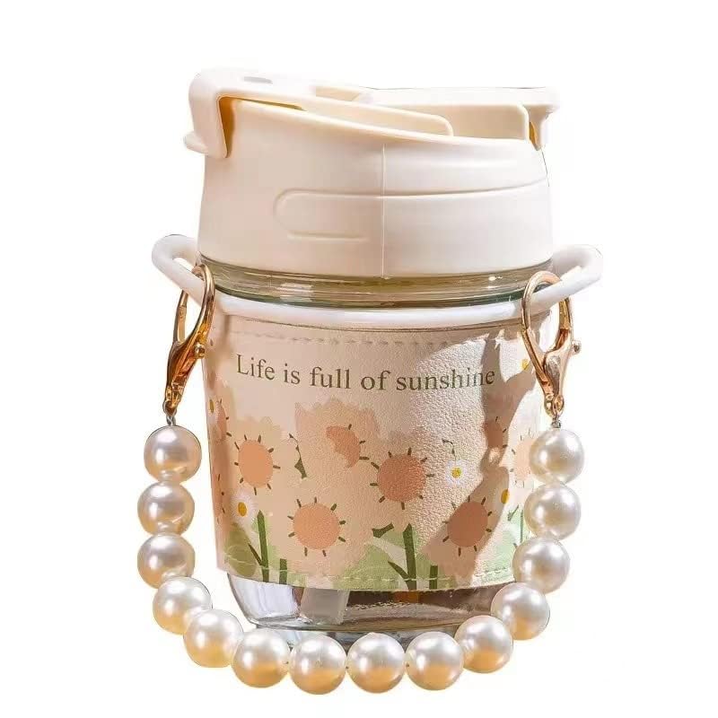 Image of Glass Coffee Sipper with Pearl Chain & Sleeve | Reusable Travel Tumbler with Dual Straw Lid | Aesthetic Juice, Smoothie & Milk Glass Tumbler (White Pearl, 350ml)