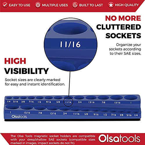 Image of Olsa Tools Magnetic Socket Organizer - 3 /8-Inch Drive SAE Socket Holder with Strong Magnets - Professional Tool Holder and Organizer - Stores up to 26 Sockets - Blue - Part: 1297
