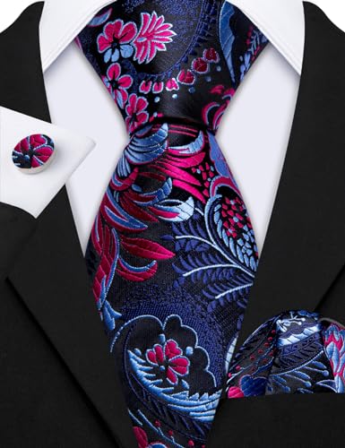 Image of Barry.Wang Flower Ties for Men Silk Woven Floral Tie Sets Necktie Handkerchief Cufflinks Wedding Party